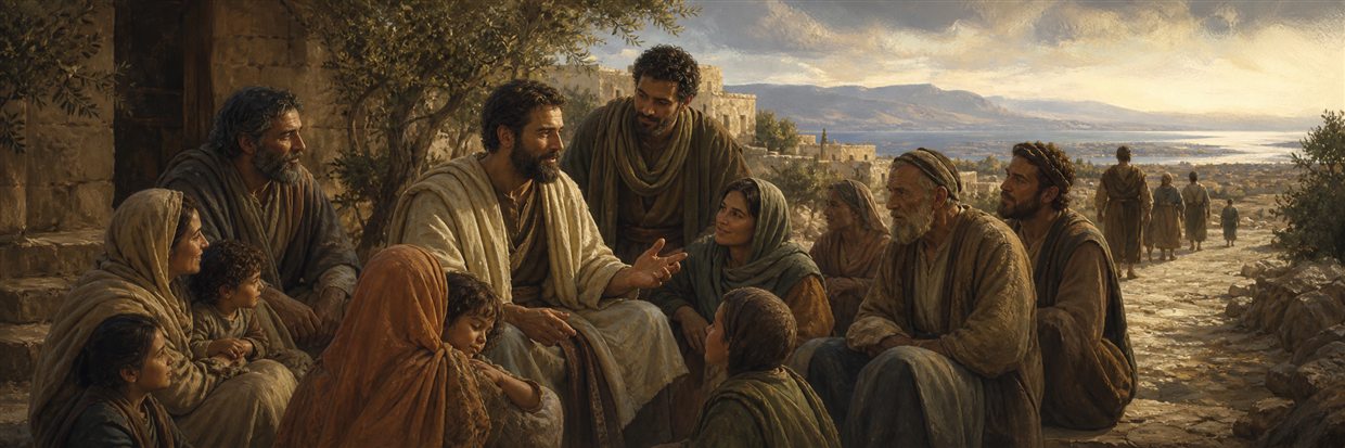 Paul and his coworkers teaching, working, and comforting families as travelers depart along a distant road
